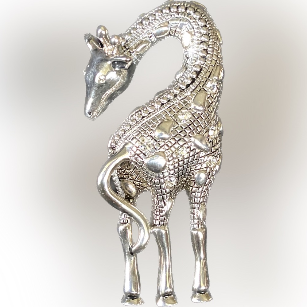 Giraffe Brooch by Premier Design Vintage Signed Silver & Swarovski 2-3/8” Excell